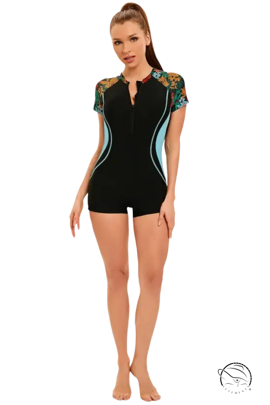 Boho floral sexy zipper swimsuit with black floral accents and blue panels