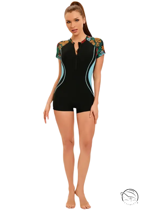 Boho floral sexy zipper swimsuit with black floral accents and blue panels