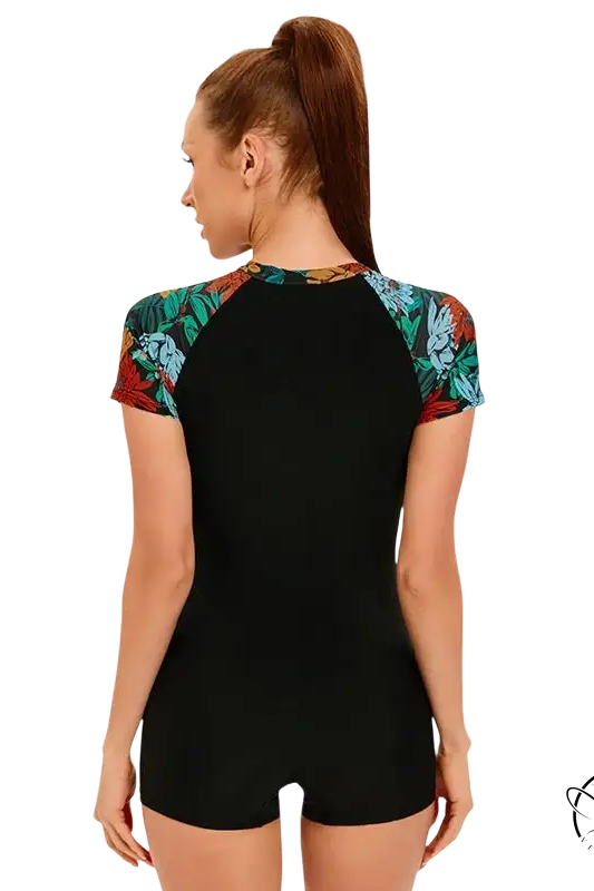 Sexy zipper swimsuit in black with colorful floral print short sleeves