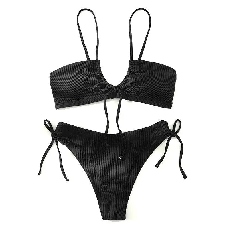 Black ribbed high waist bikini with tie details in Boho High Waist Bikini Swimsuit
