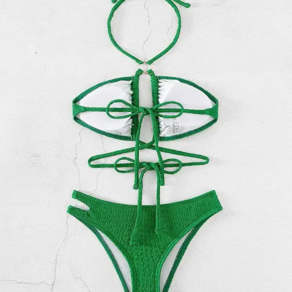 Green knit bikini set featuring a sexy high waist split and waist split bikini design