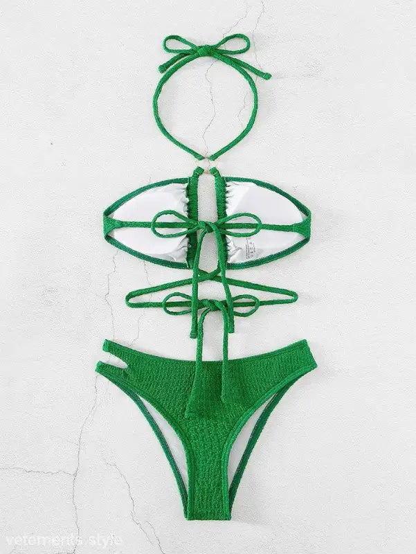 Green knit bikini set featuring a sexy high waist split and waist split bikini design