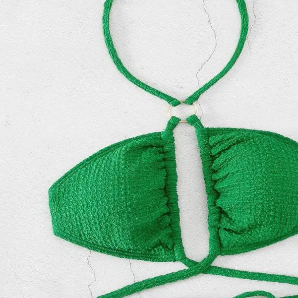 Green textured halter bikini top from Boho High Waist Split Bikini with Tie Strap Halter Design