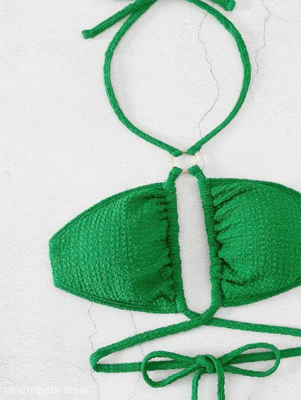 Green textured halter bikini top from Boho High Waist Split Bikini with Tie Strap Halter Design