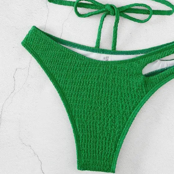 Green textured sexy high waist split bikini bottom with side cutout for Boho High Waist Split Bikini