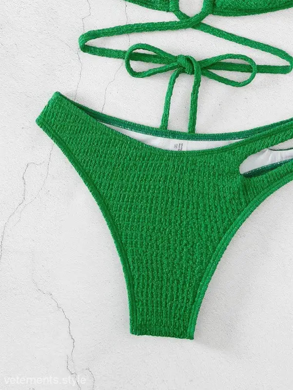 Green textured sexy high waist split bikini bottom with side cutout for Boho High Waist Split Bikini