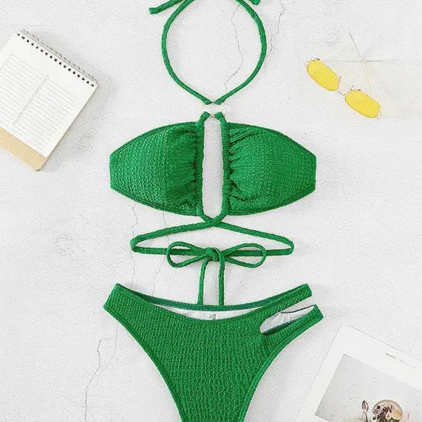 Green textured sexy high waist split bikini with tie details from Boho High Waist Split Bikini collection