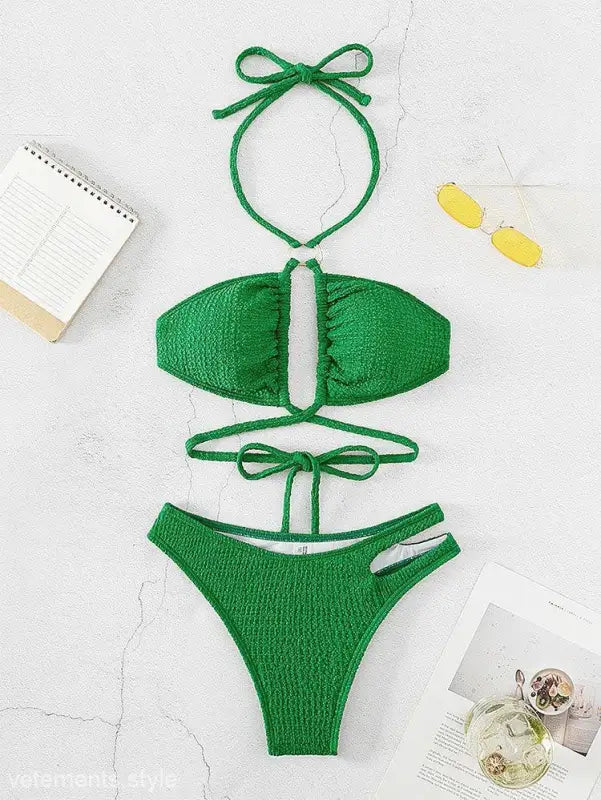 Green textured sexy high waist split bikini with tie details from Boho High Waist Split Bikini collection
