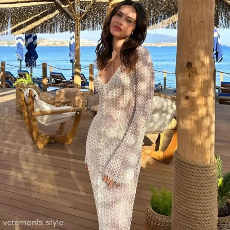 Sheer long-sleeved knit dress, perfect summer beach dress for stylish vacations