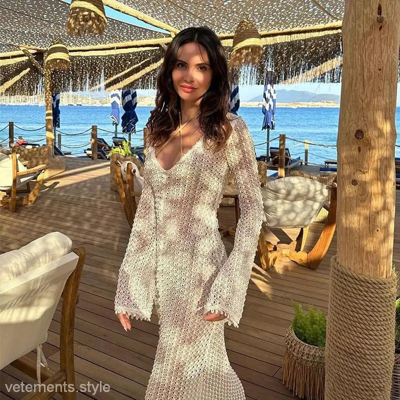 Sheer long-sleeved knit dress, perfect summer beach dress for vacations and bikini swimsuits