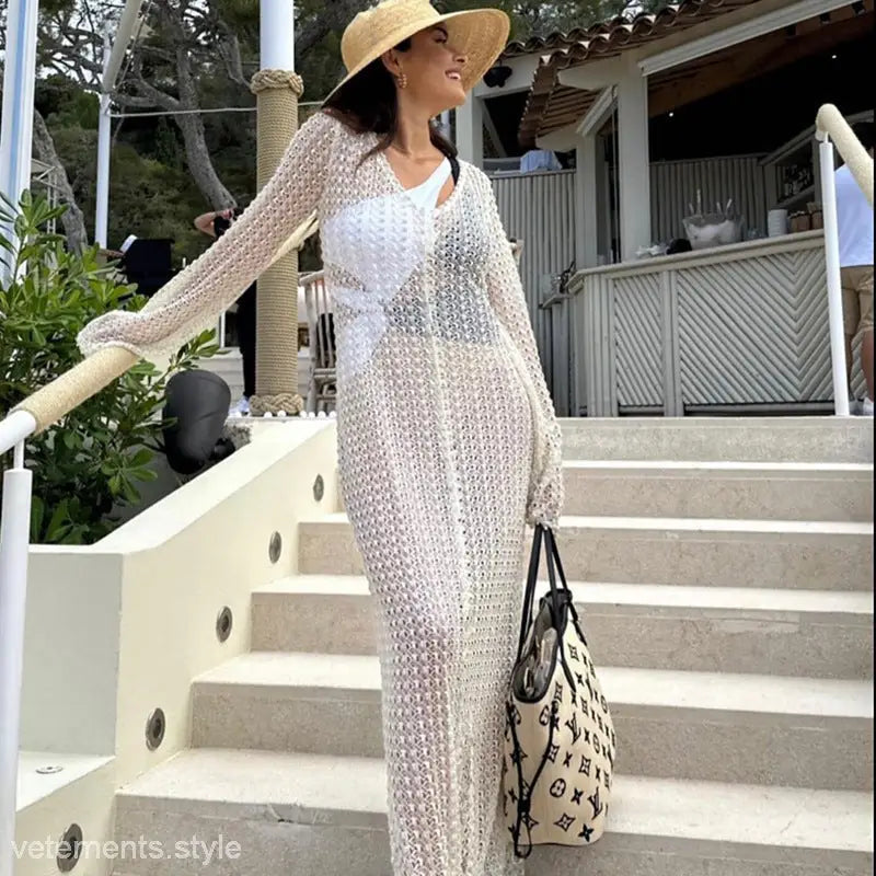 Woman in a sheer white dress, perfect as a Summer Beach Dress or Bikini Swimsuit Blouse