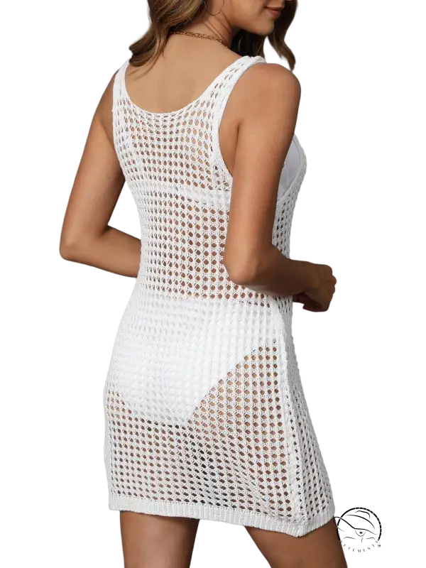 White crochet mesh mini dress as boho beach vacation blouse