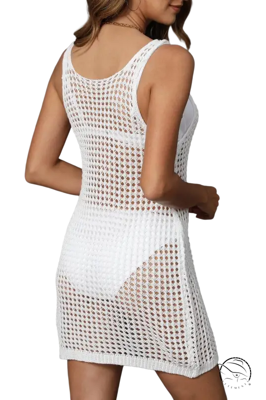 White crochet mesh mini dress as boho beach vacation blouse