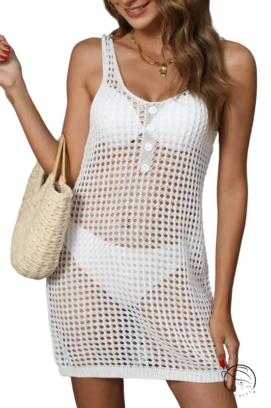 White crochet mesh vacation blouse with button front detail