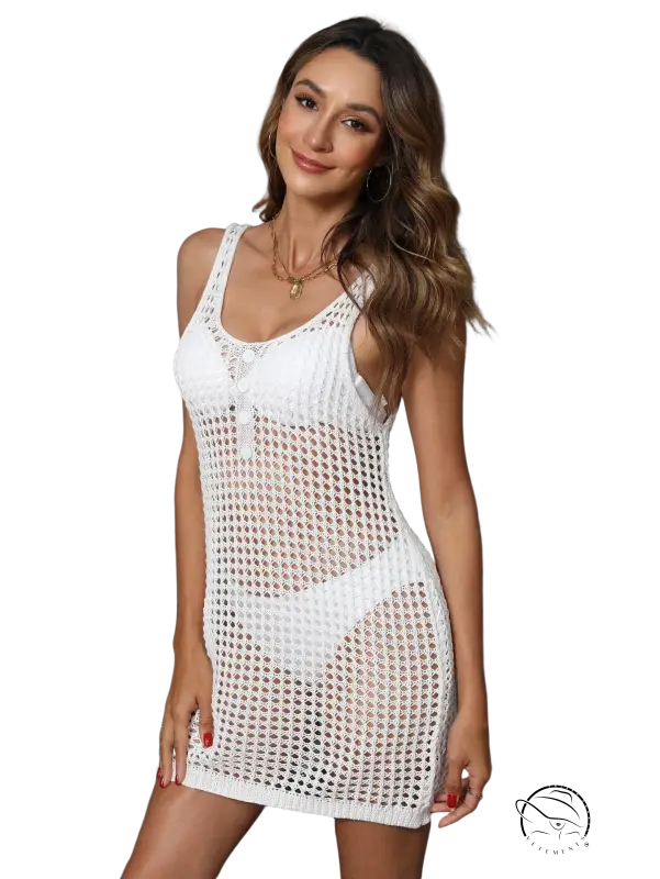 White crochet mesh mini dress as boho beach vacation blouse