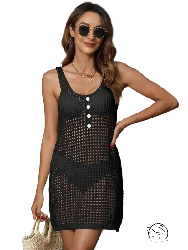 Black crochet beach vacation blouse with button details and semi-sheer pattern