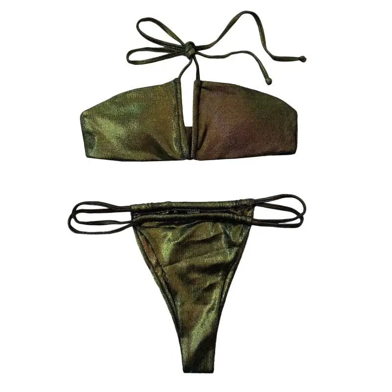 Metallic green two-piece bikini swimsuit ideal for summer swimwear and leisure activities