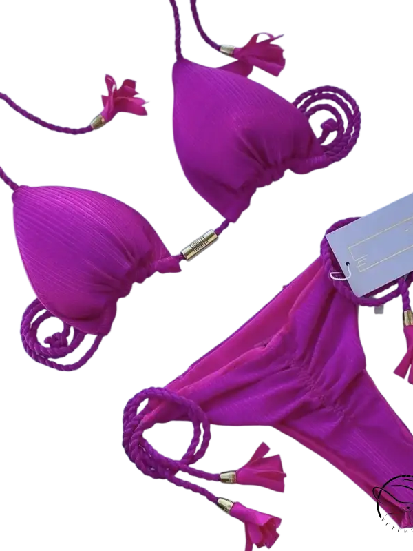 Bright fuchsia boho rope swimsuit bikini with braided ties and tassels
