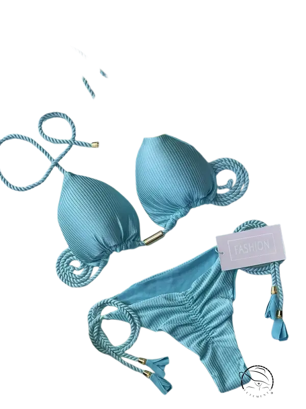 Light blue ribbed rope swimsuit bikini with tie straps and tassels