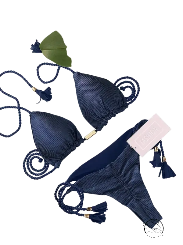 Navy blue boho rope swimsuit bikini with braided ties and tassels