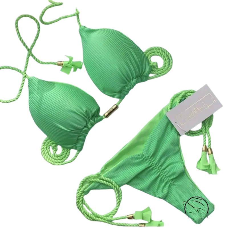 Bright green ribbed rope swimsuit bikini with braided ties and gold accents