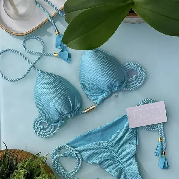Light blue ribbed rope swimsuit bikini with tie straps and tassels for boho style
