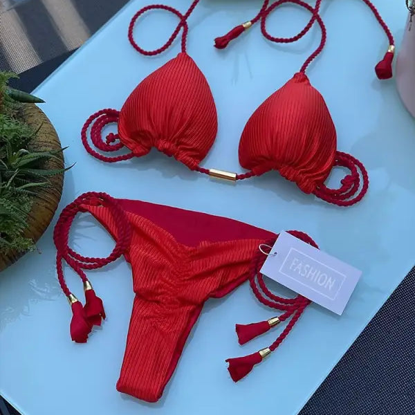 Red bikini swimsuit with braided string ties, perfect for a stylish rope swimsuit look