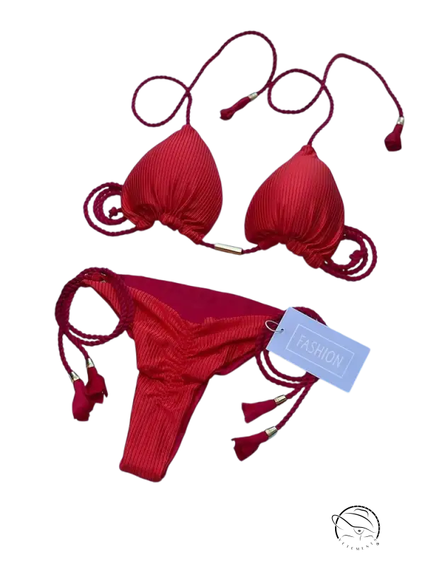 Red rope swimsuit bikini with braided ties and tassels