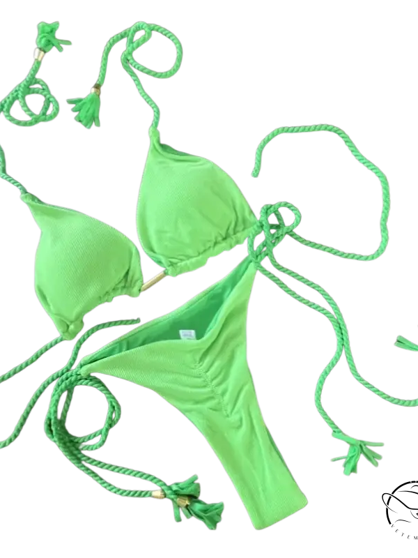 Bright green rope swimsuit bikini with braided ties and tassels