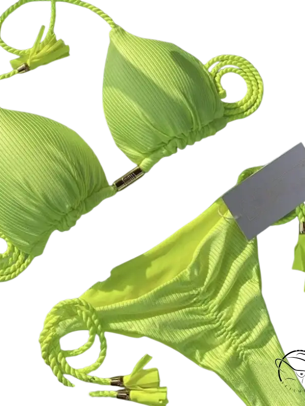 Bright lime green boho rope swimsuit bikini with braided ties and tassels