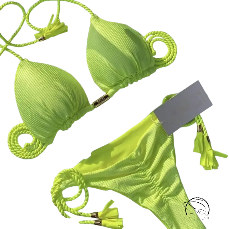 Bright lime green boho rope swimsuit bikini with braided ties and tassels