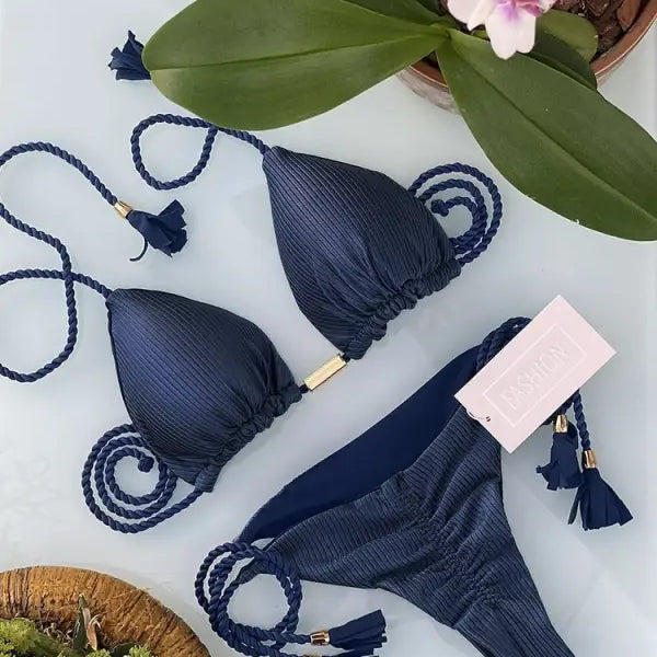 Navy blue braid rope bikini with tassel details from the Boho Nylon Rope Swimsuit line