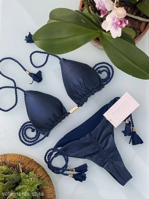 Navy blue braid rope bikini with tassel details from the Boho Nylon Rope Swimsuit line