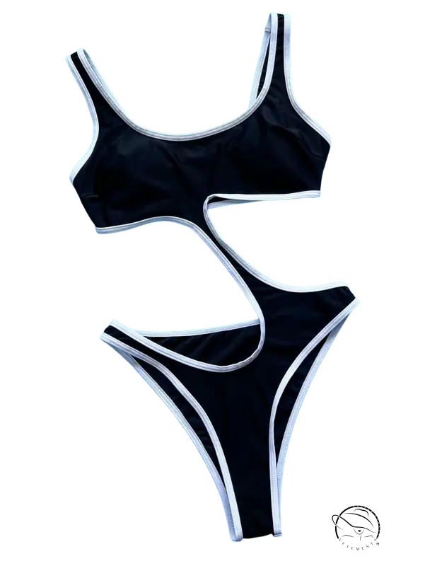 Black two-piece bikini swimsuit with white trim and cutout design