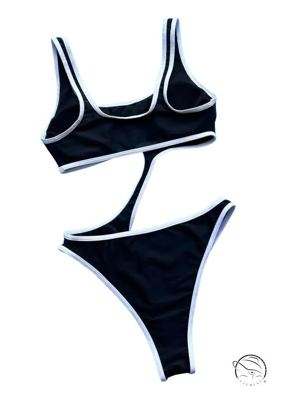 Black two-piece bikini swimsuit with white trim and cutout sleeves