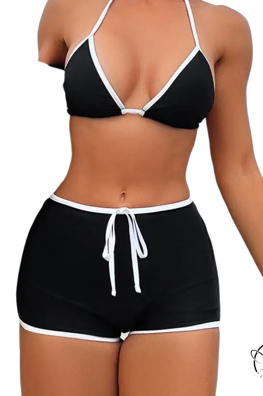 Boho black and white strap split swimsuit top with triangle bikini and high-waisted shorts