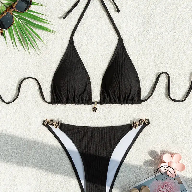 Black halter strap adjustable swimsuit with floral accents