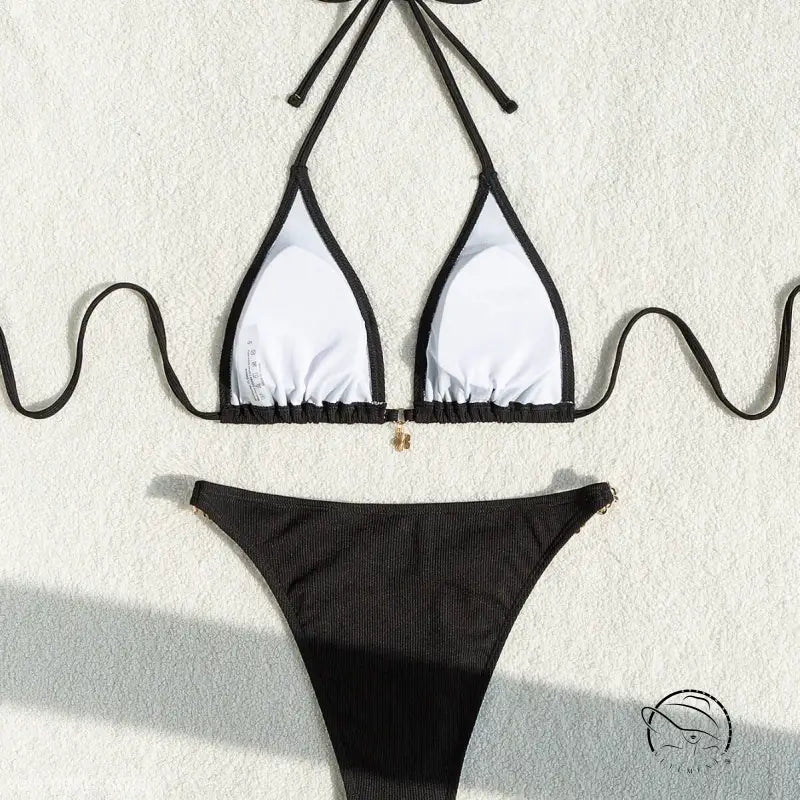 Boho halter strap adjustable swimsuit with white triangle top and black bottom