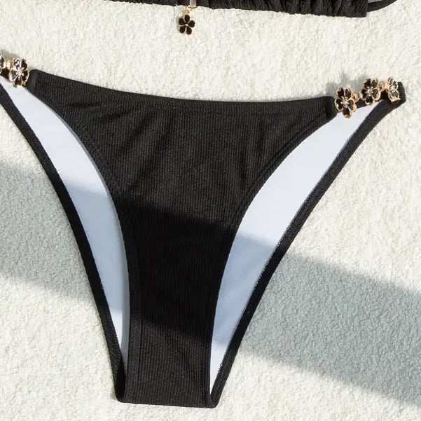 Black bikini bottom with gold clover charms on halter strap adjustable swimsuit