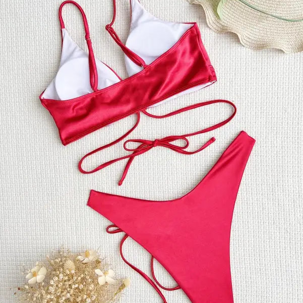 Sexy backless Langry swimsuit in red satin with white accents and tie straps