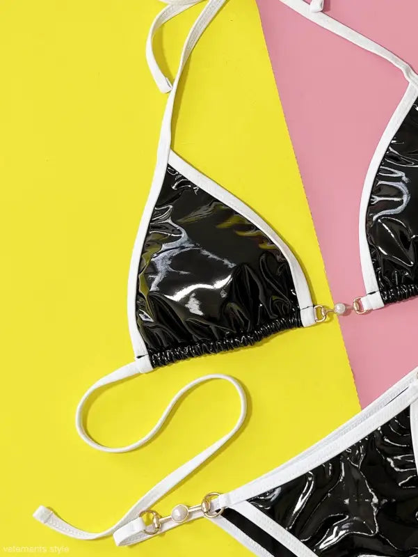 Black and white vinyl bikini from Boho Polyester, perfect sexy single bikini for summer