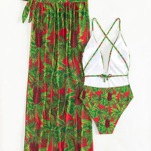 Vibrant red and green tropical print beach outerwear two piece set with swimsuit and sarong