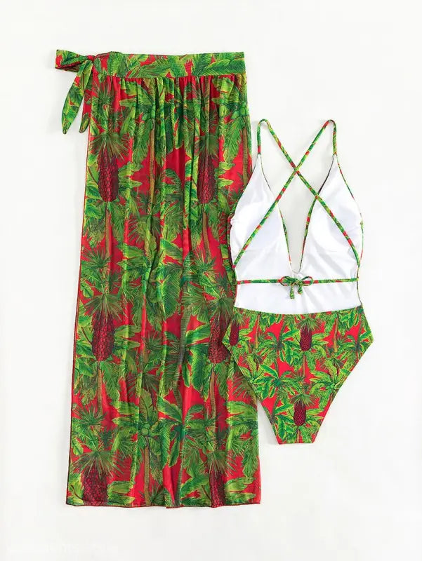 Vibrant red and green tropical print beach outerwear two piece set with swimsuit and sarong