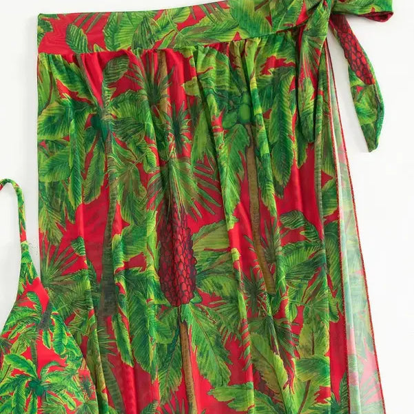 Red and green palm tree print two piece set for beach outerwear and summer wear
