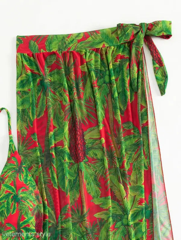 Red and green palm tree print two piece set for beach outerwear and summer wear