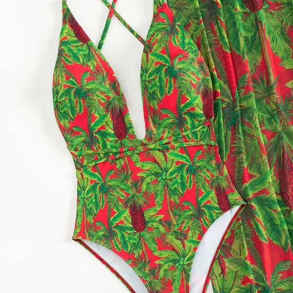 Red and green palm tree print two piece set with deep V-neck and matching cover-up for beach outerwear