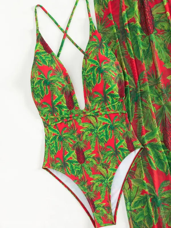 Red and green palm tree print two piece set with deep V-neck and matching cover-up for beach outerwear