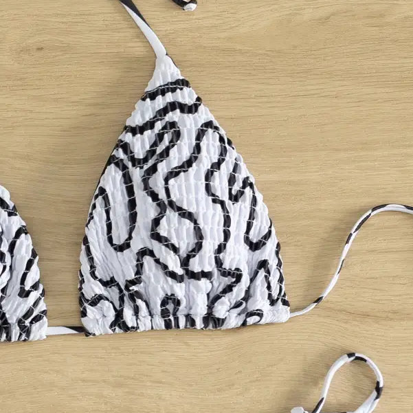 Sexy bikini set featuring a black and white zebra pattern for summer vacations