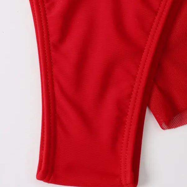 Red fabric detail of the Boho Ruched Tie Strap Three Piece Bikini for Summer Vibes