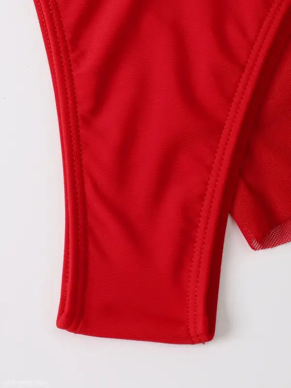 Red fabric detail of the Boho Ruched Tie Strap Three Piece Bikini for Summer Vibes